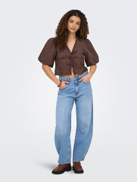 Only Embroidered Tie Front Short Sleeve Top In Brown