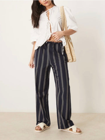 Vila Navy Rope Stripe Elasticated Tie Waist Wide Leg Trousers