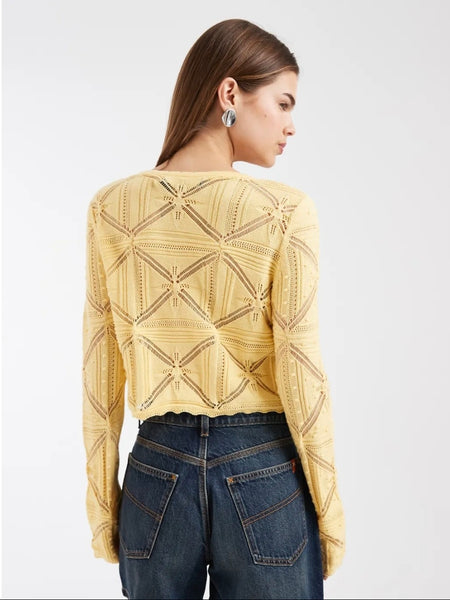 VM Crochet Long Sleeve Tie Front Top in Lemon