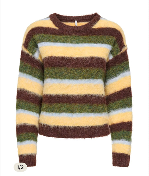 Only Round Neck Fluffy Oversized Knit Jumper In Green Stripe