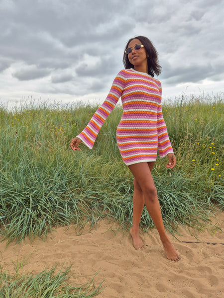 Something New Pink Crochet Long Sleeve Mini Dress