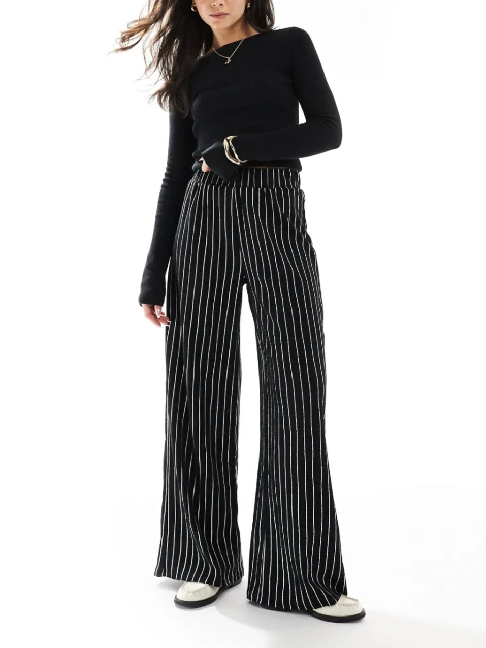 Only Wide Leg Textured Trousers In Black Pinstripe