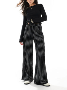Only Wide Leg Textured Trousers In Black Pinstripe