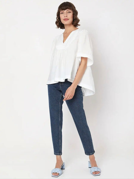 VM Aware Vneck Short Sleeve Tunic Top In White