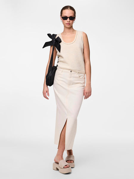 Pieces Cream Split Front Denim Maxi Skirt
