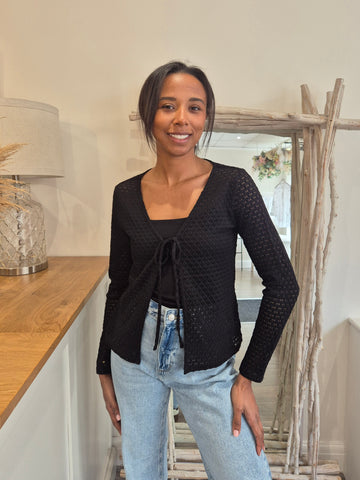 Vila Tie Front Crochet Cardigan In Black
