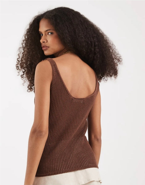 VM Crochet Knit Appliqué Floral Vest In Brown