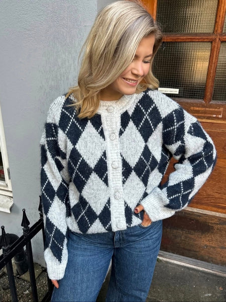 Vila Argyle Knit Cardigan In Grey & Navy