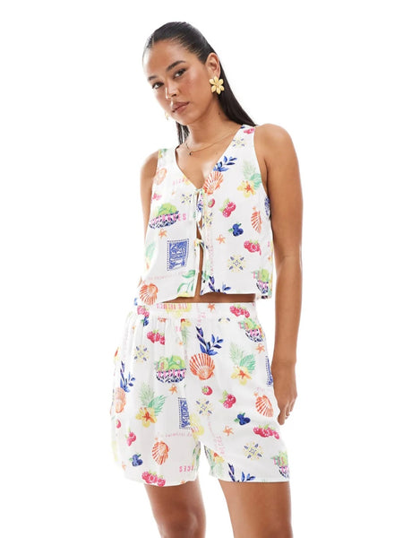 Only Postcard Print Tie Front Waistcoat & Short Co-ord Set