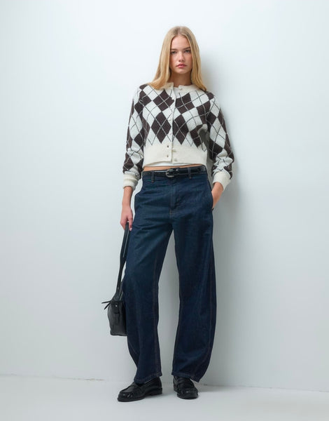 VM Brown Argyle Cropped Knit Cardigan