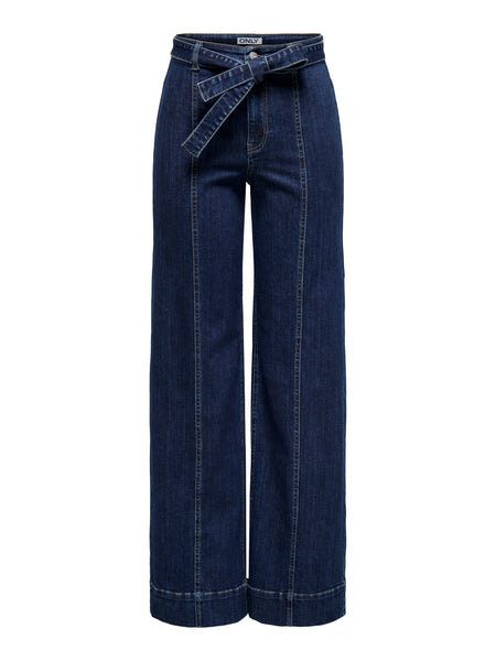 Only Tie Waist Seam Front Wide Leg Jeans In Dark Blue