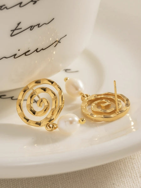 Gold Spiral Pearl Drop Stud Earrings