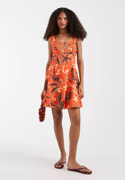 VM Sleeveless Summer Print Short Dress In Spicy Orange
