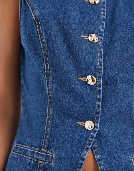 VM Longline Denim Waistcoat In Mid Blue