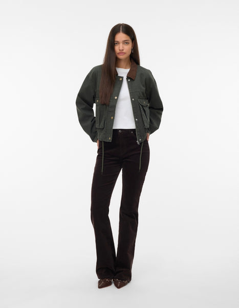 VM Contrast Collar Denim Jacket In Khaki Green