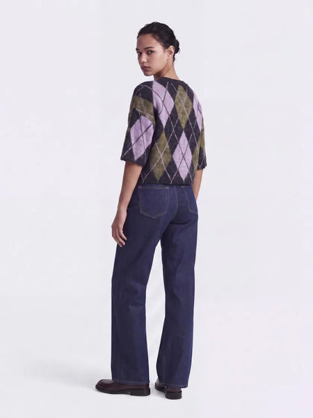 Only Boxy Short Sleeve Argyle Knit Top In Pink & Black