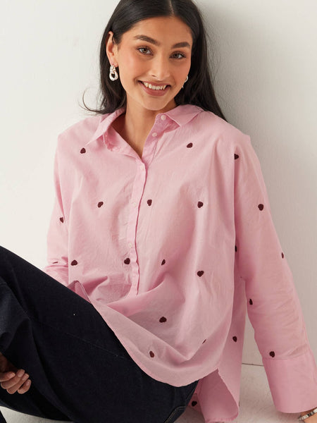 Only Oversized Heart Embroidered Shirt In Pink