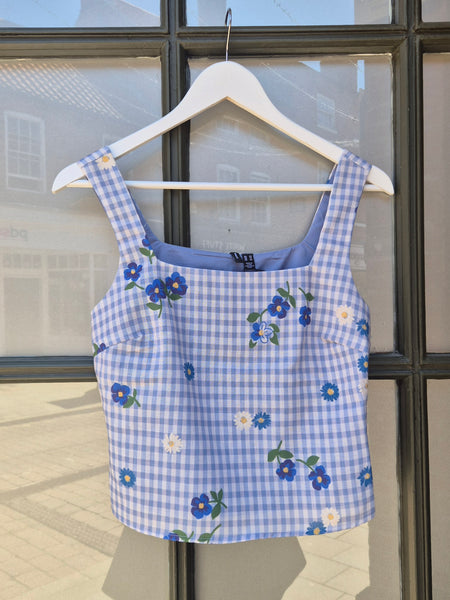 VM Blue Floral Gingham Sleeveless Top