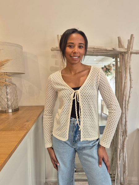 Vila Tie Front Crochet Cardigan In Birch