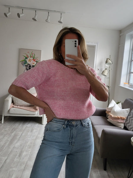 Tie Back Pink Knitted Short Sleeve Top