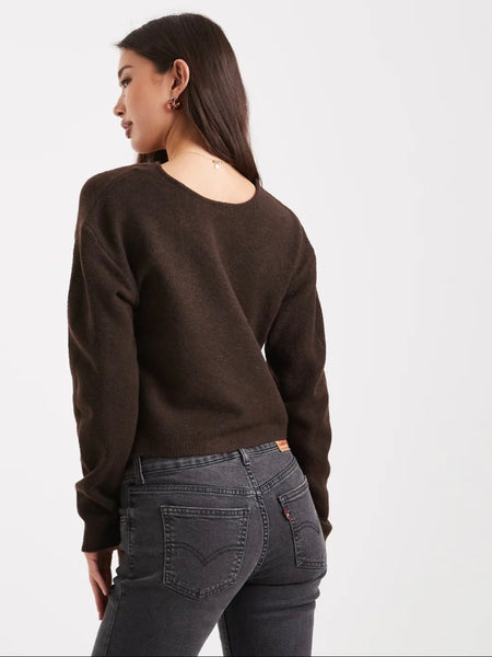 Pieces Long Sleeve Reversible Knit Top in Chocolate