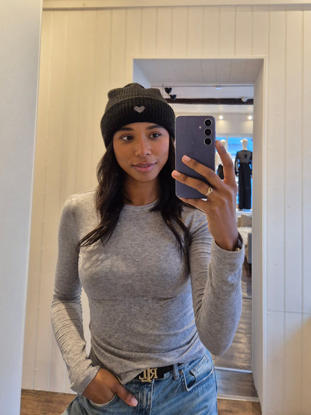 Only Embroidered Heart Knit Beanie in Black