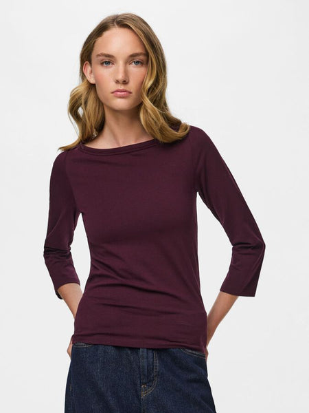 VM 3/4 Sleeve Slash Neck Top In Wine