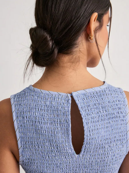 VM Shirred Bodice Midi Dress In Blue Pinstripe