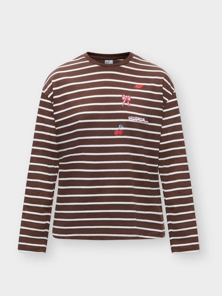 Pieces Long Sleeve Oversized Embroidered Rugby Tshirt In Brown Stripe