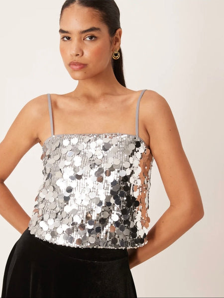 Vila Disc Sequin Embellished Cami Top In Silver