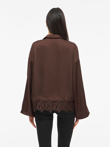 Vila Lace Trimmed Satin Shirt in Chocolate Brown