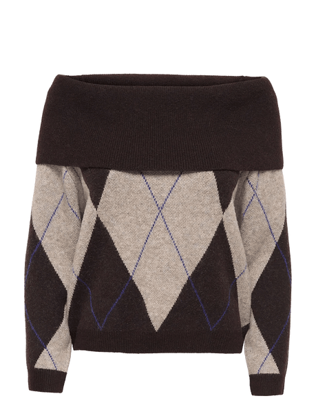 Only Off The Shoulder Argyle Check Knit Jumper In Brown