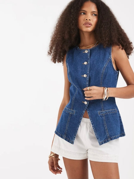 VM Longline Denim Waistcoat In Mid Blue