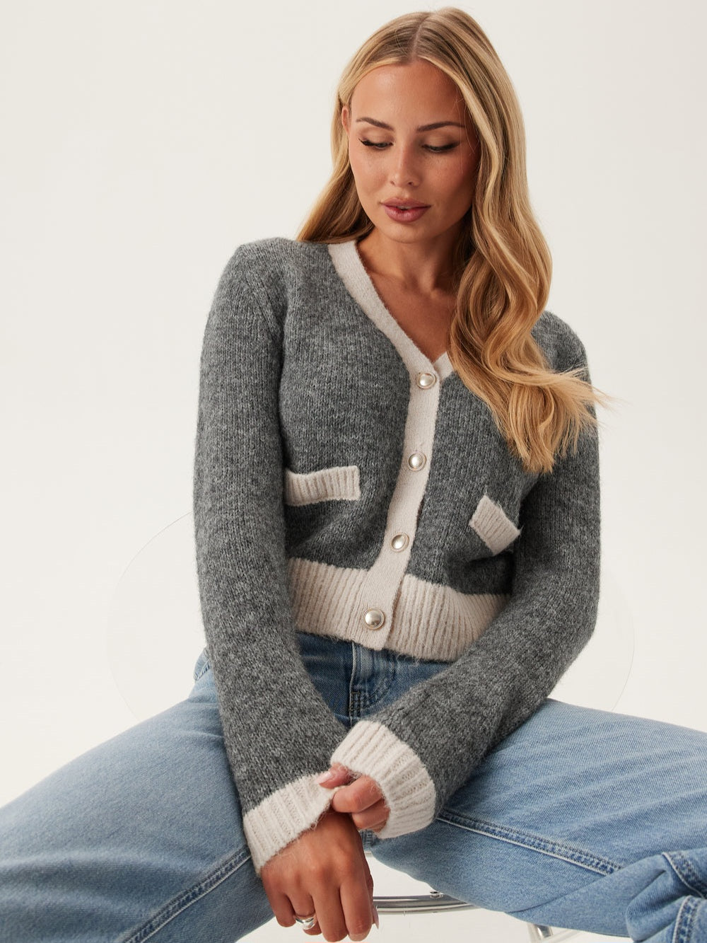 Only Grey Contrast Trim Vneck Knit Cardigan