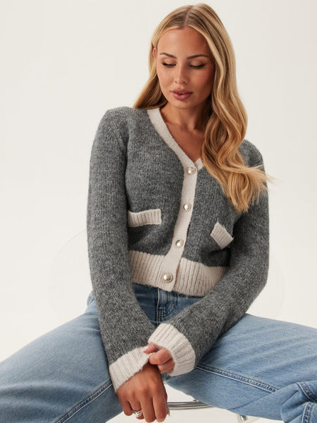 Only Grey Contrast Trim Vneck Knit Cardigan