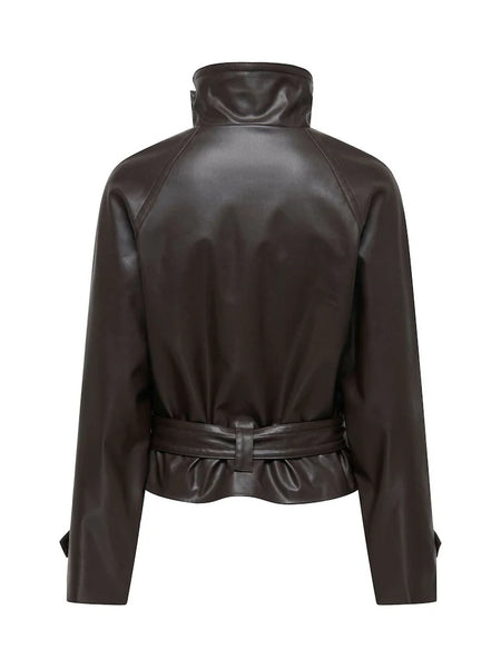 JDY Funnel Neck Pu Leather Belted Jacket In Chocolate Brown