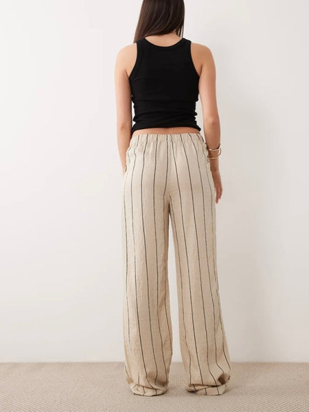 JDY Wide Leg Seersucker Stripe Trousers in Ecru