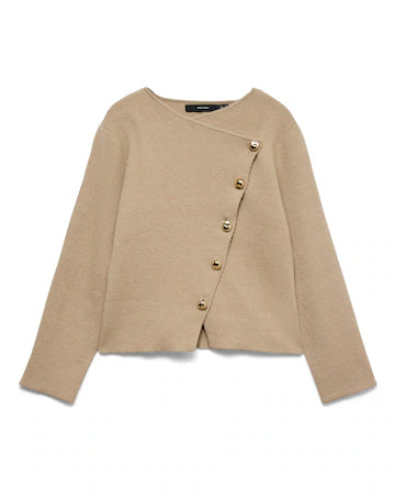 Vm Asymmetric Gold Button Front Long Sleeve Knitted Top