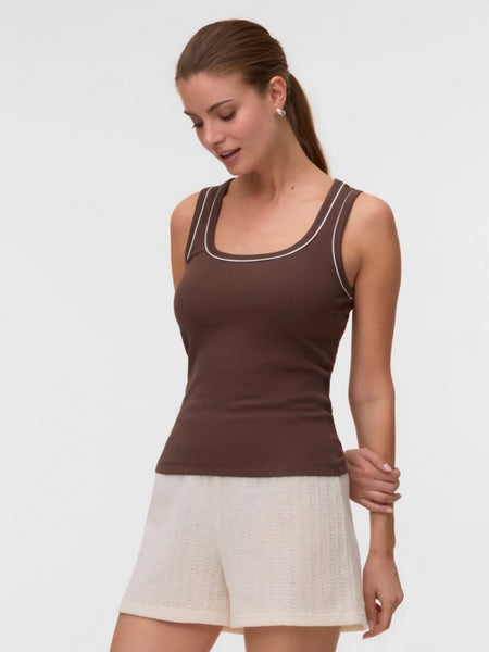 VM Brown Contrast Trim Sleeveless Vest Top