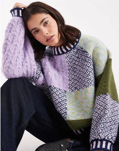 Pieces Multi Colour Patchwork Chunky Knit Jumper