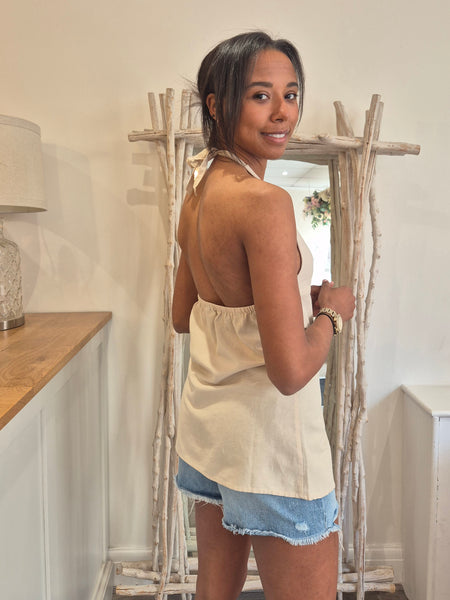 VM Linen Halterneck Split Front Top In Oatmeal