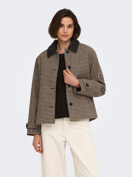 JDY Wool Blend Contrast Collar In Brown Check