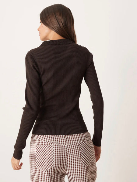 JDY Collared Button Front Ribbed Top In Chocolate Brown
