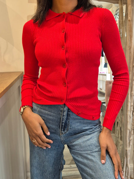 VM Red Ribbed Poloneck Cardigan