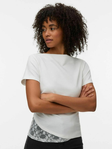 VM Boatneck Short Sleeve Ruched Lace Trim Top In White