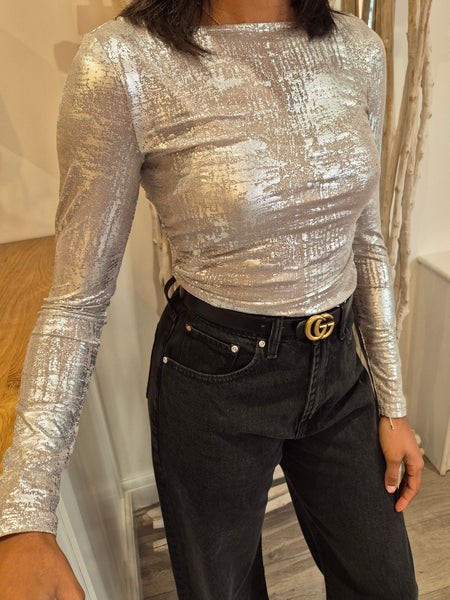 Vila Silver Boatneck Long Sleeve Ruched Top