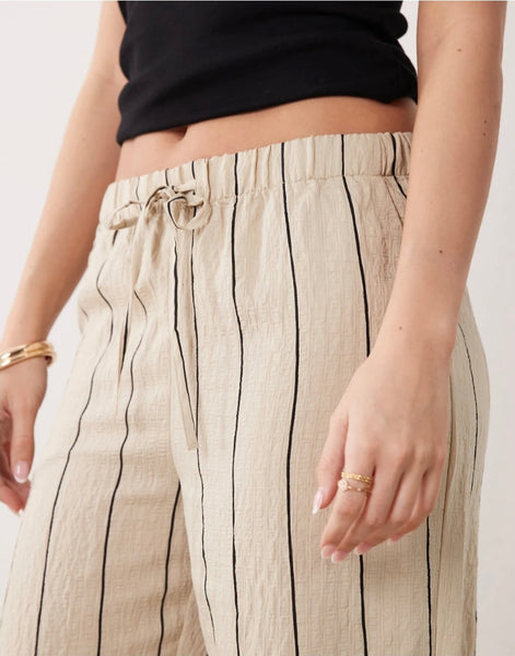 JDY Wide Leg Seersucker Stripe Trousers in Ecru