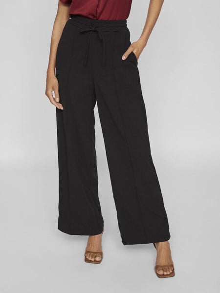 Vila High Waisted Wide Leg Seam Front Trousers In Black