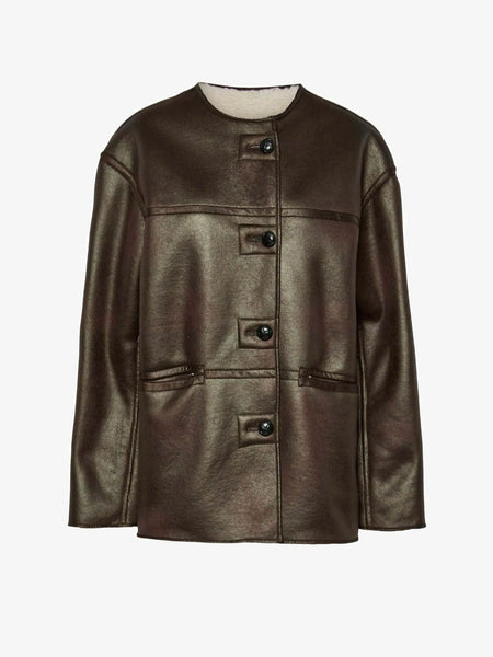Pieces Reversible Teddy Brown PU Coat