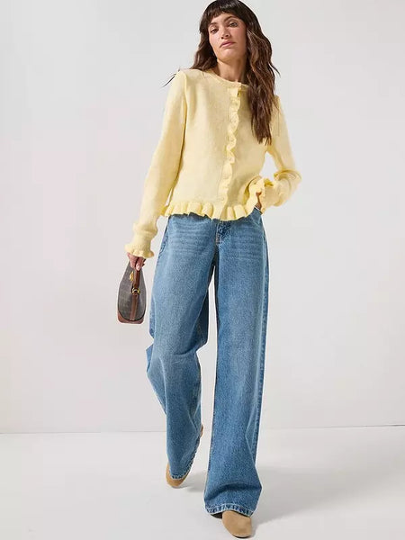 JDY Ruffle Hem Knitted Cardigan In Lemon